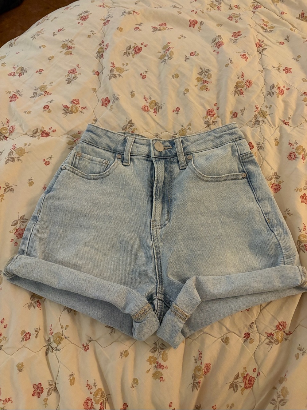 Bershka Light Blue High-Waist Rolled Hem Denim Shorts